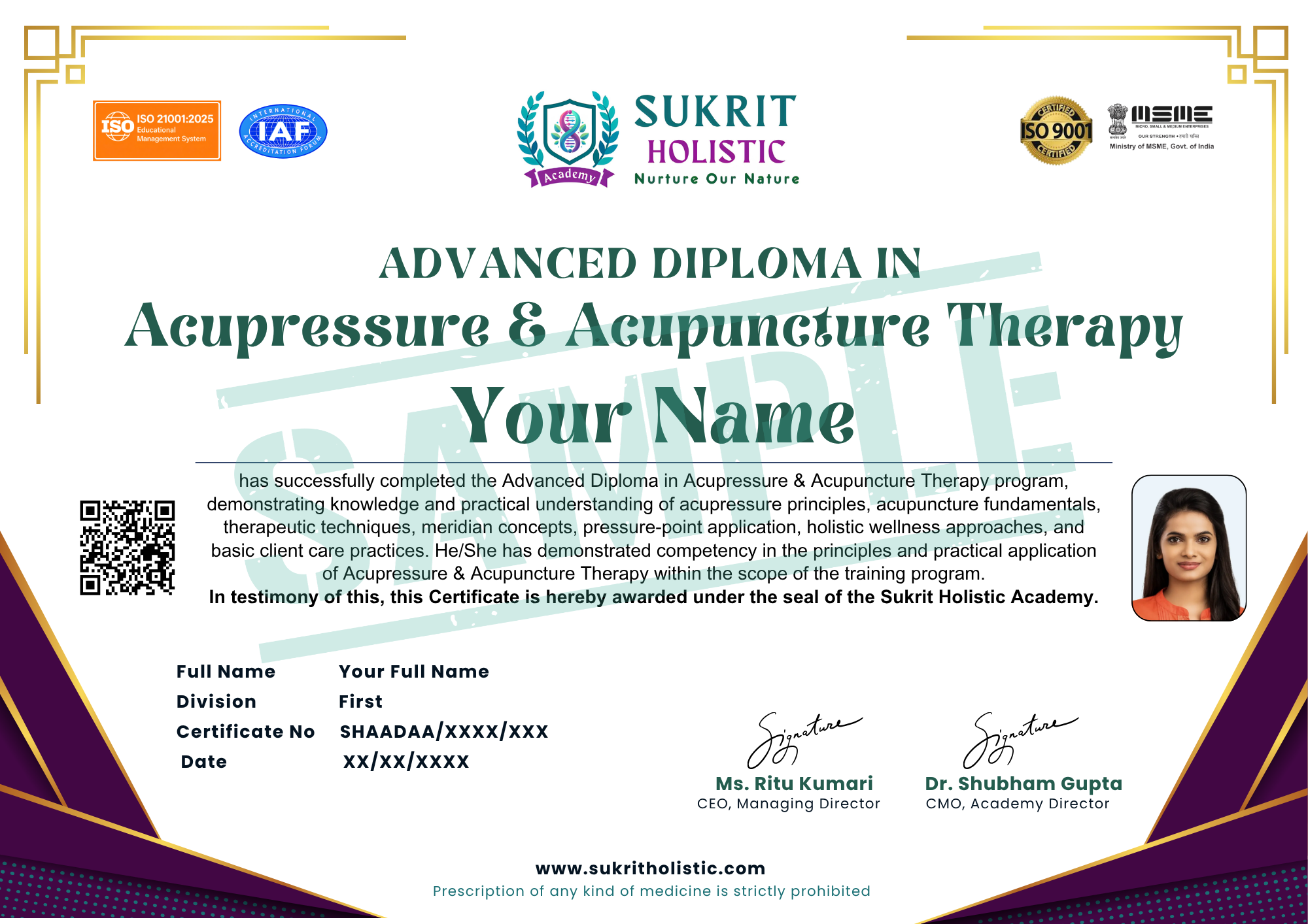 Sample Advanced Diploma in Acupressure and Acupuncture certificate